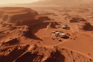 Aerial top view of the first human colony on Mars, created with Generative AI technology