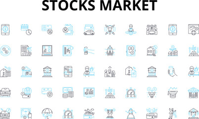 Stocks market linear icons set. Investment, Trading, Portfolio, Dividend, Dow, Bullish, Bearish vector symbols and line concept signs. Volatility,Blue-chip,Market illustration