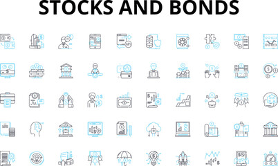 Fototapeta na wymiar Stocks and bonds linear icons set. Asset, Dividend, Portfolio, Securities, Yield, Trading, Investment vector symbols and line concept signs. Equity,Buy,Sell illustration