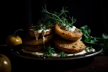 fried green tomatoes topped with a garlic aioli and sprinkled with fresh herbs