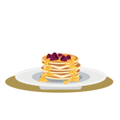 Vector illustration. Pancakes with honey and raspberries on a plate. Raspberry made in the style of hand drawing