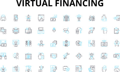 Virtual financing linear icons set. Cryptocurrency, NFTs, Blockchain, Crowdfunding, DeFi, Stablecoin, ICO vector symbols and line concept signs. Smart contract,PP lending,Tokenization illustration