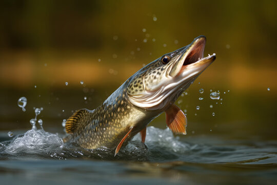 pike fish jump out of water with splashes. generative AI