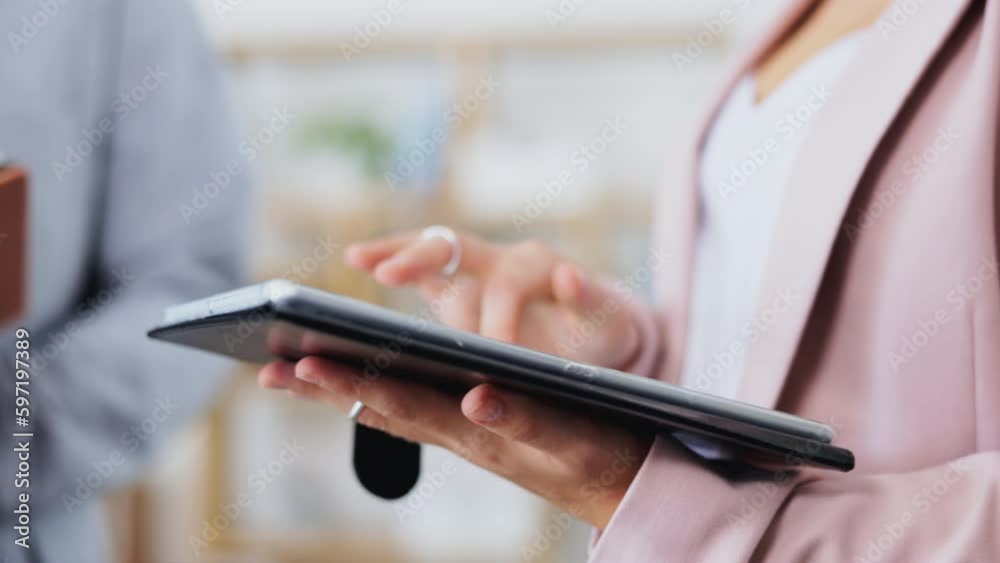 Poster hands, tablet and research with a business woman in the office to search for information on the inte