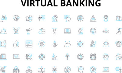 Virtual banking linear icons set. Digital, Online, Mobile, Virtual, Web-based, Automated, Fintech vector symbols and line concept signs. Cryptocurrency,Blockchain,Cashless illustration