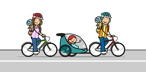 Familie mit Kind beim Fahrrad fahren mit Anhänger