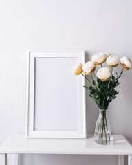 A mock-up of an interior poster with a vertical empty wooden white frame standing on a table, with flowers in a vase on the sides, against a white wall background. Generative AI