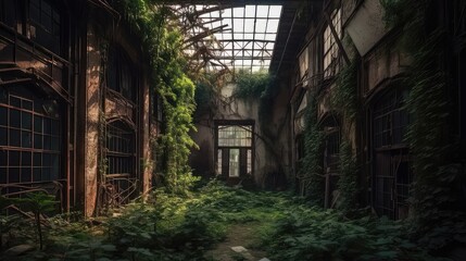 Fototapeta na wymiar Rust and Greenery: The Eerie Charm of an Abandoned Factory 4. Generative AI