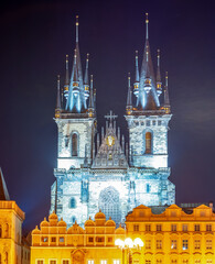 Fototapeta na wymiar Church of Our Lady before Tyn on Old Town square at night, Prague, Czech Republic