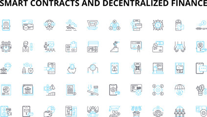 Smart contracts and decentralized finance linear icons set. Ethereum, Blockchain, Tokenization, Interoperability, Decentralization, Governance, Transparency vector symbols and line concept signs - obrazy, fototapety, plakaty