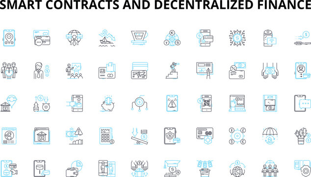 Smart contracts and decentralized finance linear icons set. Ethereum, Blockchain, Tokenization, Interoperability, Decentralization, Governance, Transparency vector symbols and line concept signs