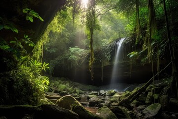 majestic waterfall surrounded by lush greenery, with sunrays filtering through the canopy, created with generative ai