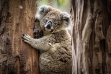 koala clinging to its mother's back while they climb the tree, created with generative ai