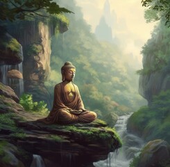 Buddha statue meditation in jungle generative AI - obrazy, fototapety, plakaty