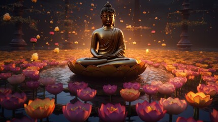 beautiful statue of buddha sakyamuni in buddhism stands on a golden lotus generative AI - obrazy, fototapety, plakaty