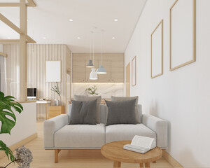 Modern japan style living room decorated with sofa and coffee table, white wall and wood slat wall. 3d rendering