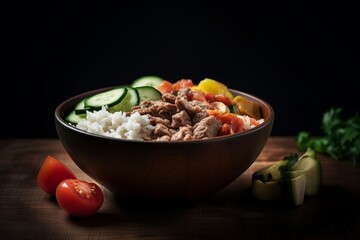 Gyro bowl with rice, vegetables, and gyro meat