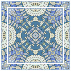  Hand drawn artistic background. Seamless pattern with ornate frame border, doodle floral ornament. Bandana shawl, tablecloth fabric print, silk neck scarf, kerchief design. Vector illustration