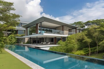Fototapeta na wymiar modern exterior with infinity pool and landscaping, surrounded by lush greenery, created with generative ai