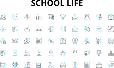School life linear icons set. Education , Homework , Exams , Friends , Teachers , Textbooks , Lunchtime vector symbols and line concept signs. Sports ,Lockers ,Recess illustration