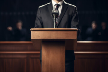 A business person or politician stood at a speaker podium addressing an audience. Generative ai - obrazy, fototapety, plakaty