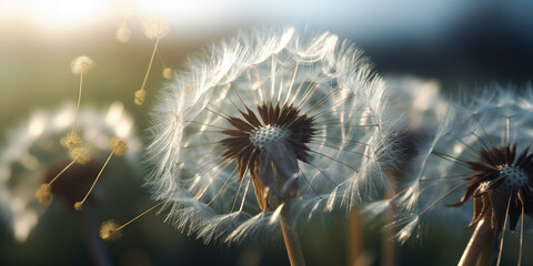 dandelion time, dandelion seeds blowing in the wind, panoramic image. Generative Ai
