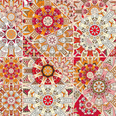 Vector patchwork quilt pattern. Vintage decorative collage. Hand drawn background. Indian, Arabic, Turkish motifs for printing on fabric or paper. Abstract colorful doodle pattern in mosaic style