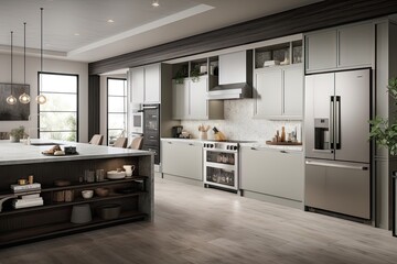 high-volume kitchen with streamlined workflow, featuring one-stop shopping experience and fast service, created with generative ai