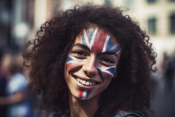 Portrait of a happy woman with her face painted in Union jack Great britain flag. Generative ai
