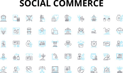 Fototapeta na wymiar Social commerce linear icons set. Marketplace, E-commerce, Shopping, Influencers, Advertising, Sales, Discounts vector symbols and line concept signs. Reviews,Engagement,Viral illustration