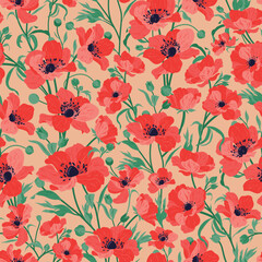 Hand drawn pattern with red anemones. Wild flowers for invitation design, cards, textiles, decor