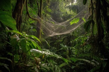 intricate spiderweb, hanging between the leaves of a lush jungle canopy, created with generative ai