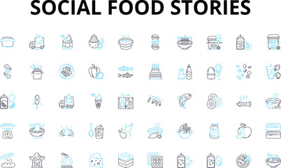 Social food stories linear icons set. Foodies, Culinary, Recipes, Ingredients, Cooking, Blogging, Sharing vector symbols and line concept signs. Community,Eatery,Reviews illustration