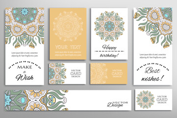 Fototapeta na wymiar Big set of greeting Cards or wedding Invitations. Postcards template with inscription Make a Wish, Best Wishes, Happy Birthday. Banner, business cards with mandala ornament. Isolated design elements