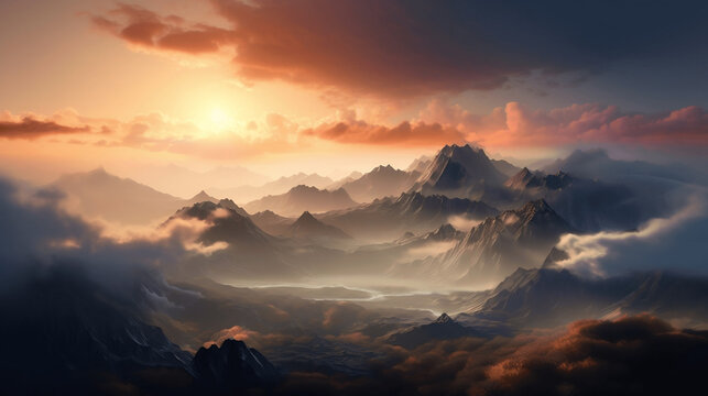 mountain range surrounded by clouds, photorealistic, ultra wide-angle lense, dawn, neuro cognitive art, "Cloudbound Horizons: Exploring the Majesty of Mountain Ranges". Created using generative AI.