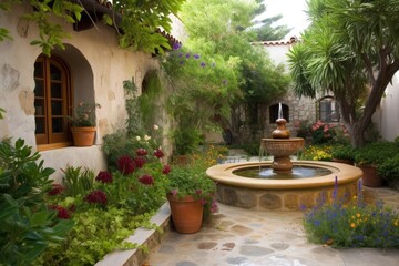 mediterranean house with lush, flowering garden and water feature, created with generative ai