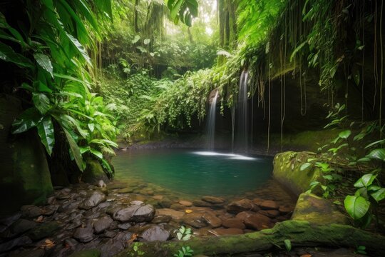 majestic waterfall cascading into tranquil jungle pool, created with generative ai