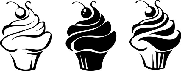Black silhouettes of cupcakes with cream isolated on a white background. Black and white line art and silhouette illustrations of cupcakes. Vector illustration