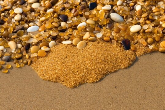 close-up of golden sand, with pebbles and shells visible, created with generative ai