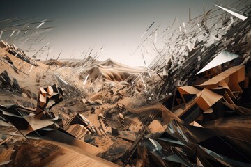 interplay of motion and geometric shapes in a chaotic landscape, created with generative ai