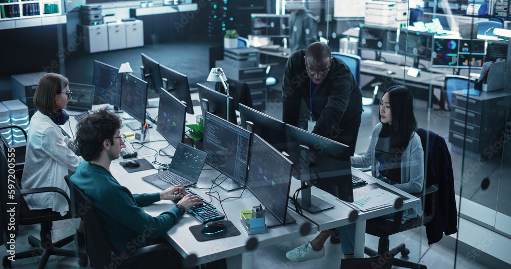 Poster Group of Empowered Multicultural Men and Women Working in a Research Center, Using Computers to Run Advanced Software, Develop Artificial Intelligence Interface and Cloud Computing Blockchain