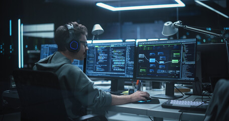 System Administrator Working in a Dark Research Facility on a Computer with Multiple Displays....
