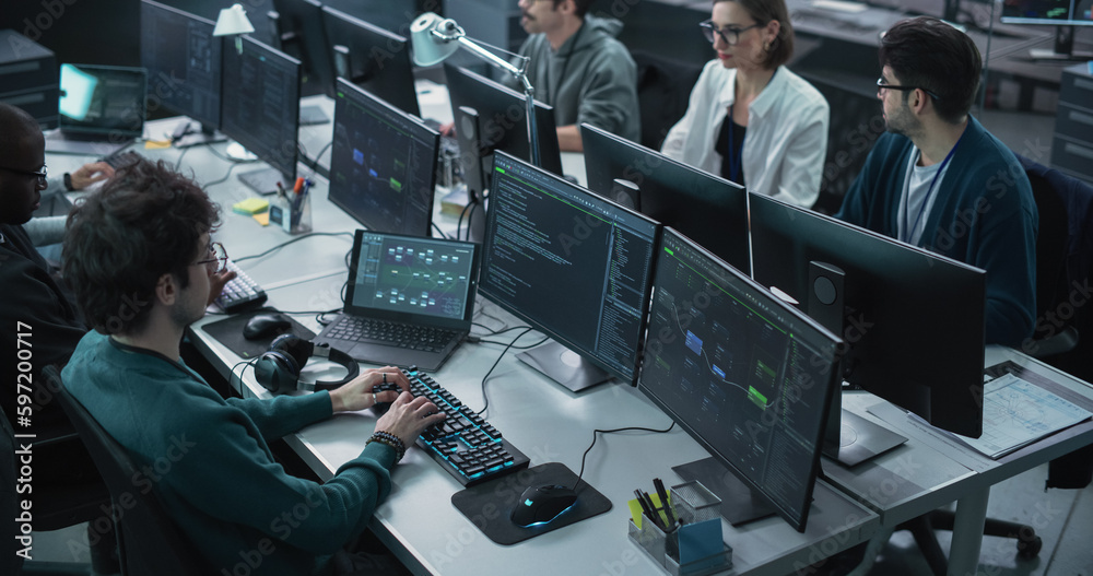 Aufkleber Diverse Software Development Department Working on an Artificial Intelligence Tool and Writing Programming Code. Group of Cyber Security Engineers Integrating a New Cloud Based Service