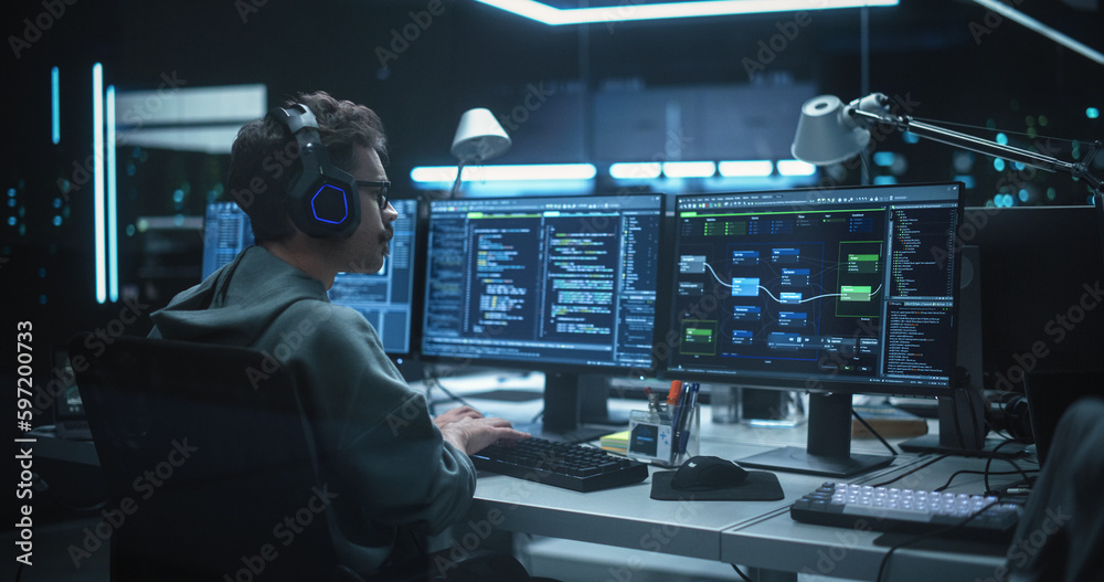 Aufkleber Young Hacker Working Alone, Hacking Corporate Data Servers From His Underground Hideout. Hacktivist Organizes a Massive Data Breach Cyber Attack, Hiding His Identity Behind Multiple Proxy Servers