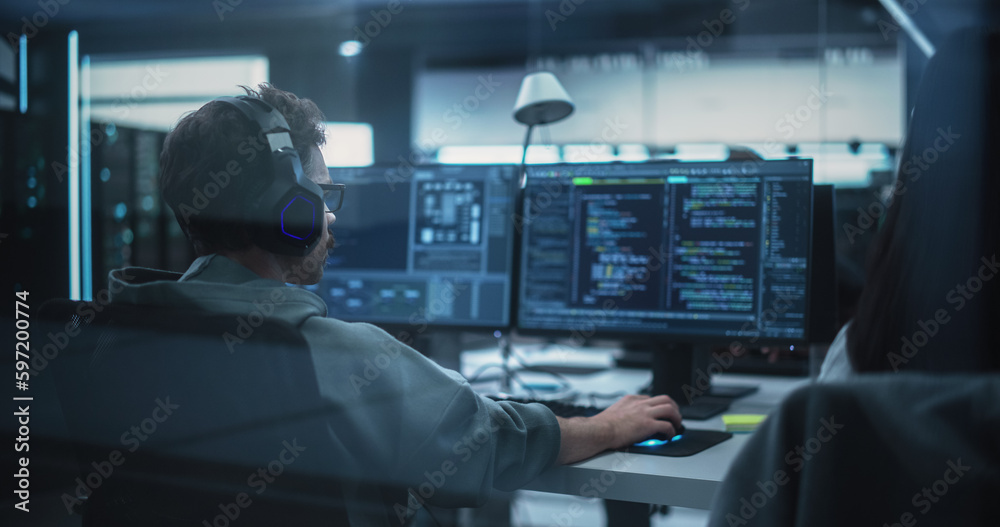 Poster Team of Talented Young Professionals Working in a Technological Research and Development Agency. Computer Screens with Software Code and Technical Neural Network Diagrams