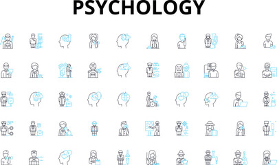 Psychology linear icons set. Perception, Memory, Emotion, Cognition, Personality, Consciousness, Development vector symbols and line concept signs. Learning,Behavior,Motivation illustration