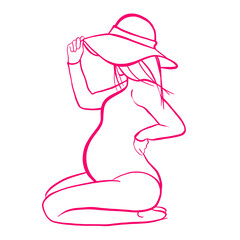 girl in pink. Minimalist illustration of a pregnant woman. A pregnant woman is drawn with lines. Illustration for postcard, notebook, poster, logo. 
