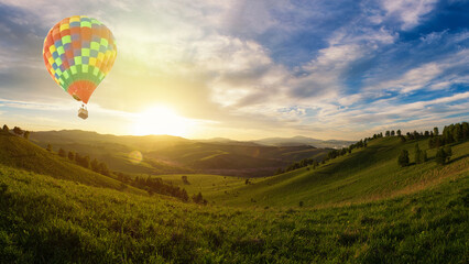 Beauty dawn on the beauty valleys, balloon, in the mountains in Altay