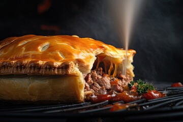 close-up of meat pie, with steam rising from the flaky crust and filling the shot, created with generative ai