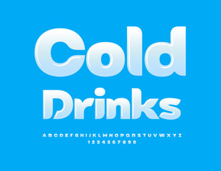 Vector creative Emblem Cold Drinks. White Glossy Font. Artistic Alphabet Letters and Numbers.